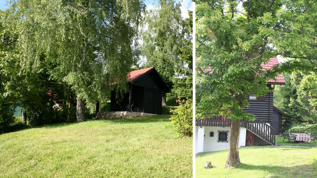 Large garden with BBQ area and wood shed.