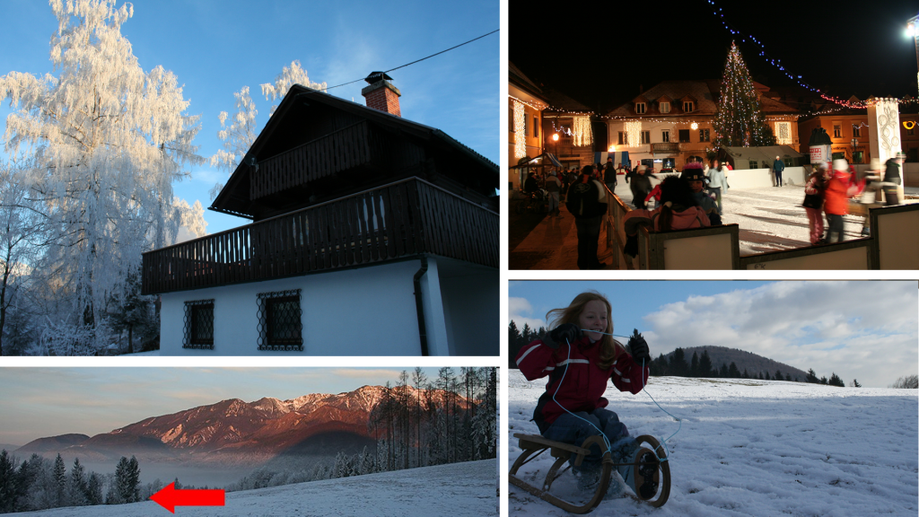 A winter wonderland, sledging immediately behind the chalet, Kamnik ice skating.